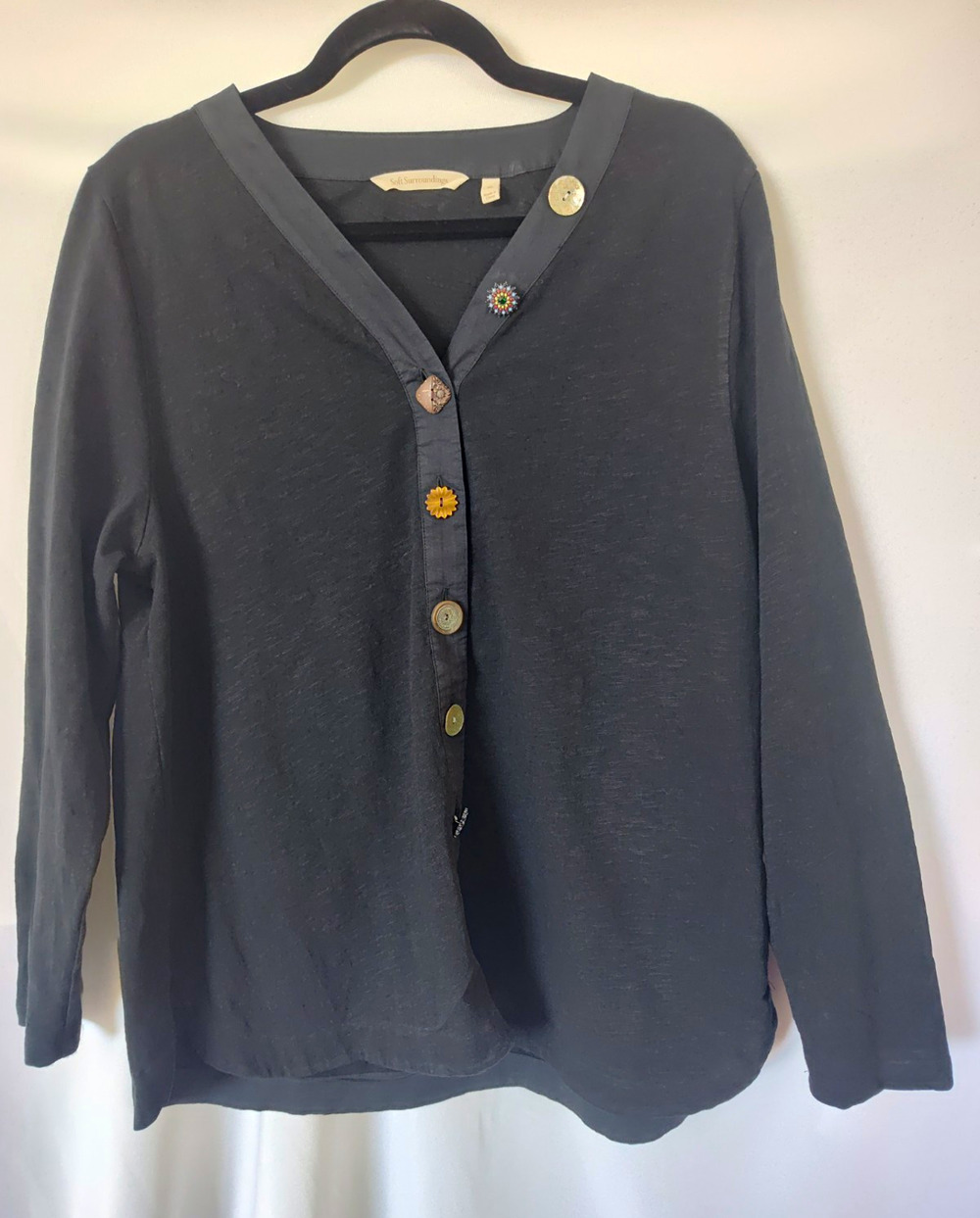Soft Surroundings XL Black Solid Cotton Knit Button Front V-Neck Long Sleeve Top
